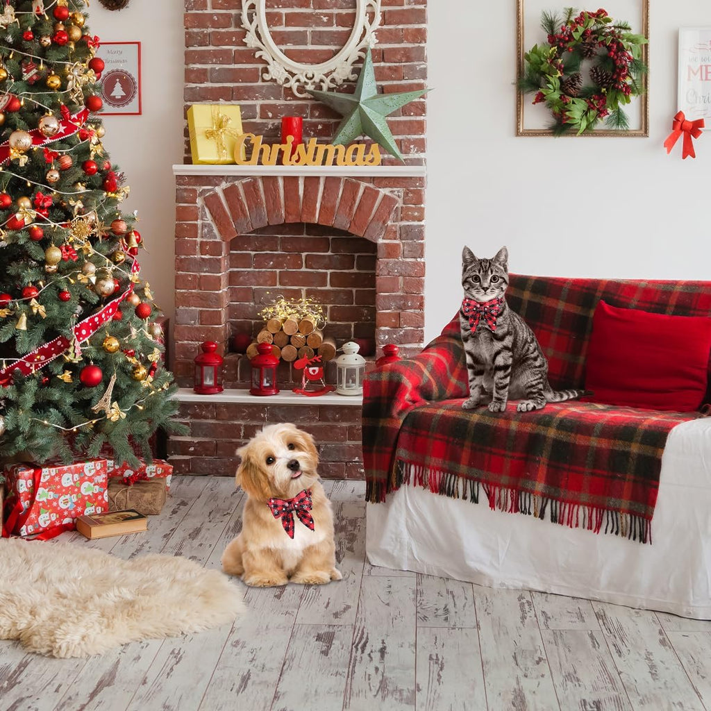 Rot kariertes Weihnachtshalsband mit Fliege für kleine Hunde & Katzen – Bild 7