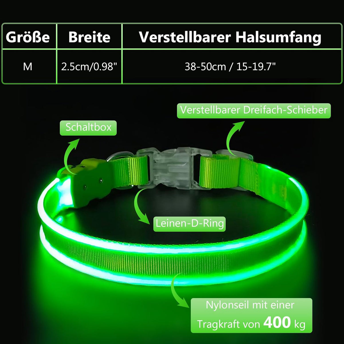 LED-Leuchthalsband für Hunde in Grün, Größe M – Bild 6