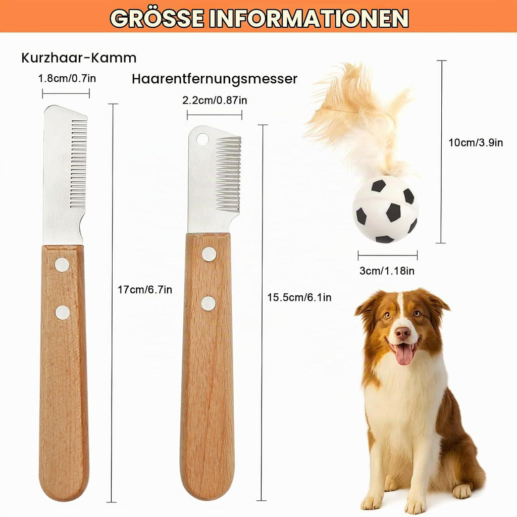 Fellpflege-Set mit Holzgriff: Trimmmesser, Unterwollkamm und Federball – Bild 2