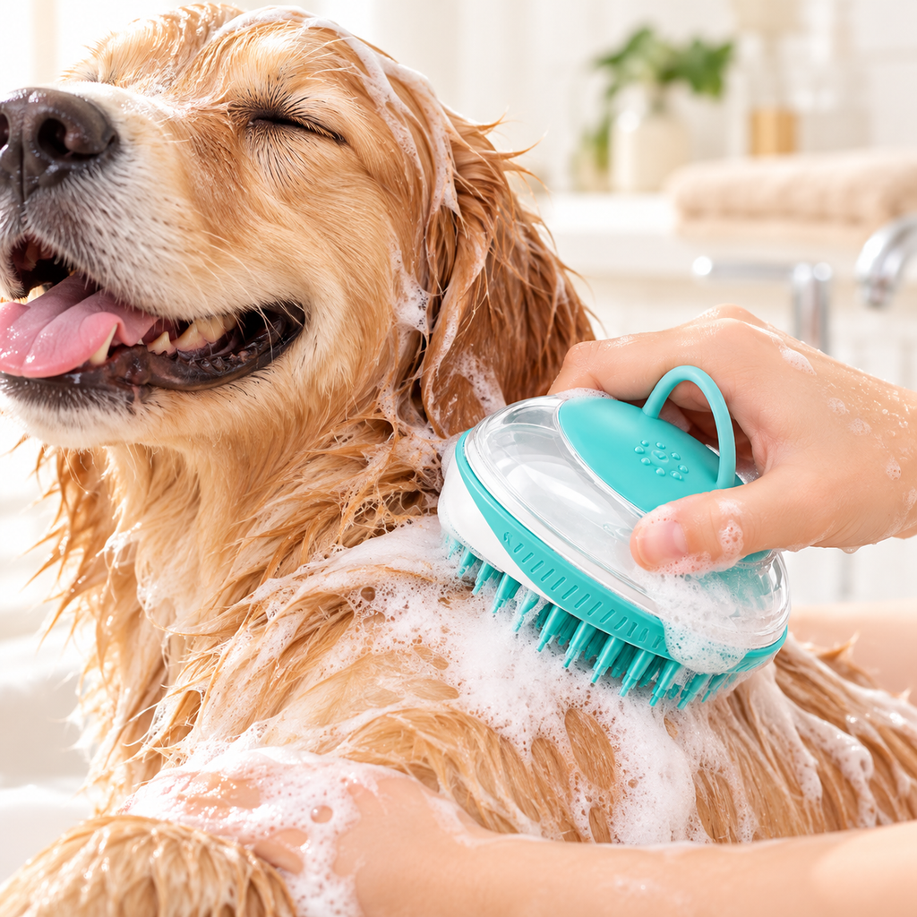 2-in-1-Badebürste für Hunde & Katzen – Silikon-Massagebürste mit Shampoo-Behälter