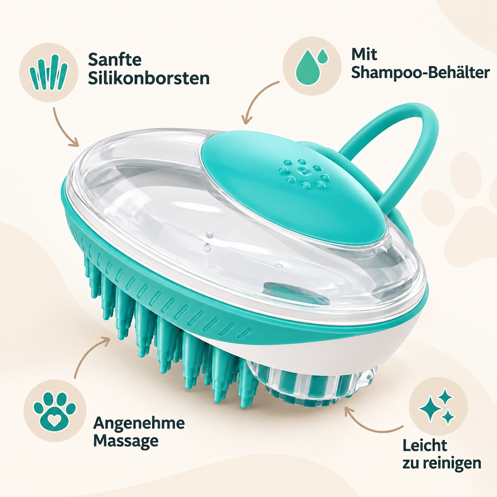 2-in-1-Badebürste für Hunde & Katzen – Silikon-Massagebürste mit Shampoo-Behälter