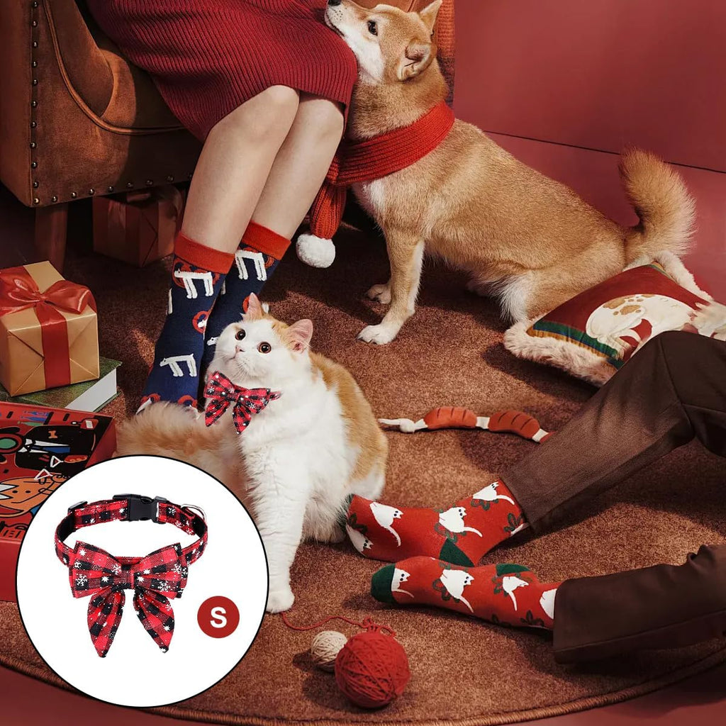 Rot kariertes Weihnachtshalsband mit Fliege für kleine Hunde & Katzen – Bild 5
