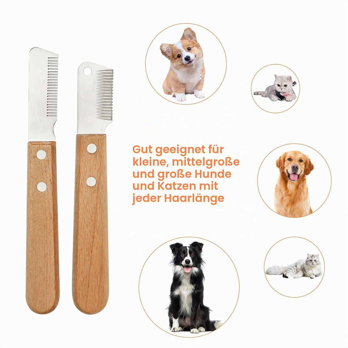 Fellpflege-Set mit Holzgriff: Trimmmesser, Unterwollkamm und Federball – Bild 4