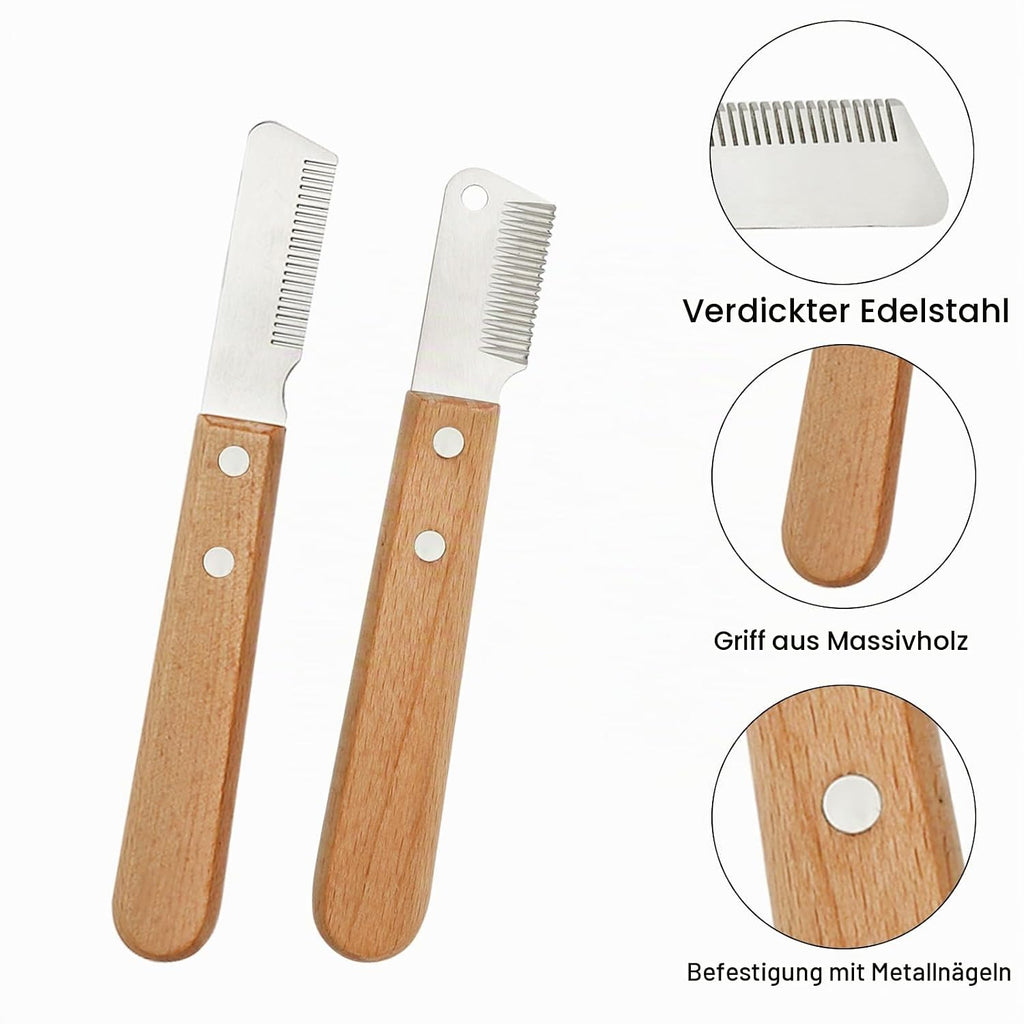 Fellpflege-Set mit Holzgriff: Trimmmesser, Unterwollkamm und Federball – Bild 3