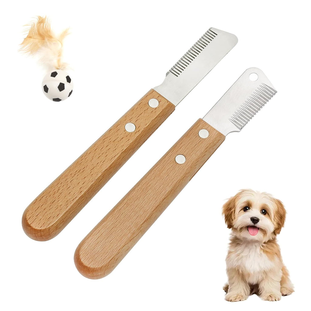 Fellpflege-Set mit Holzgriff: Trimmmesser, Unterwollkamm und Federball