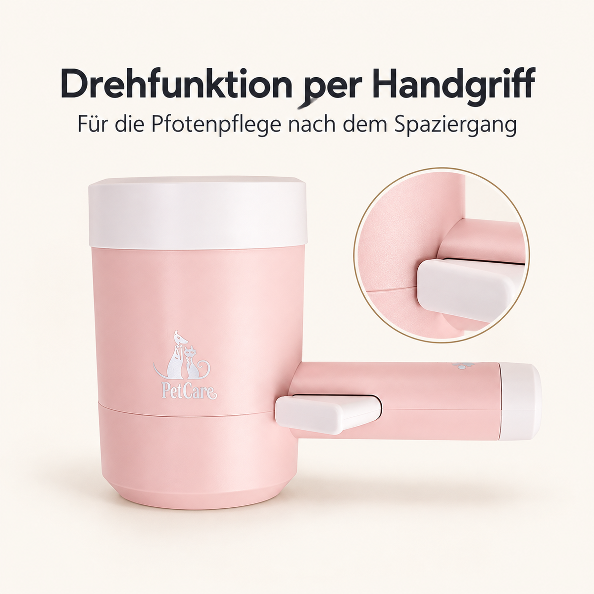 Rosa Pfotenreiniger mit manueller Drehfunktion am Handgriff