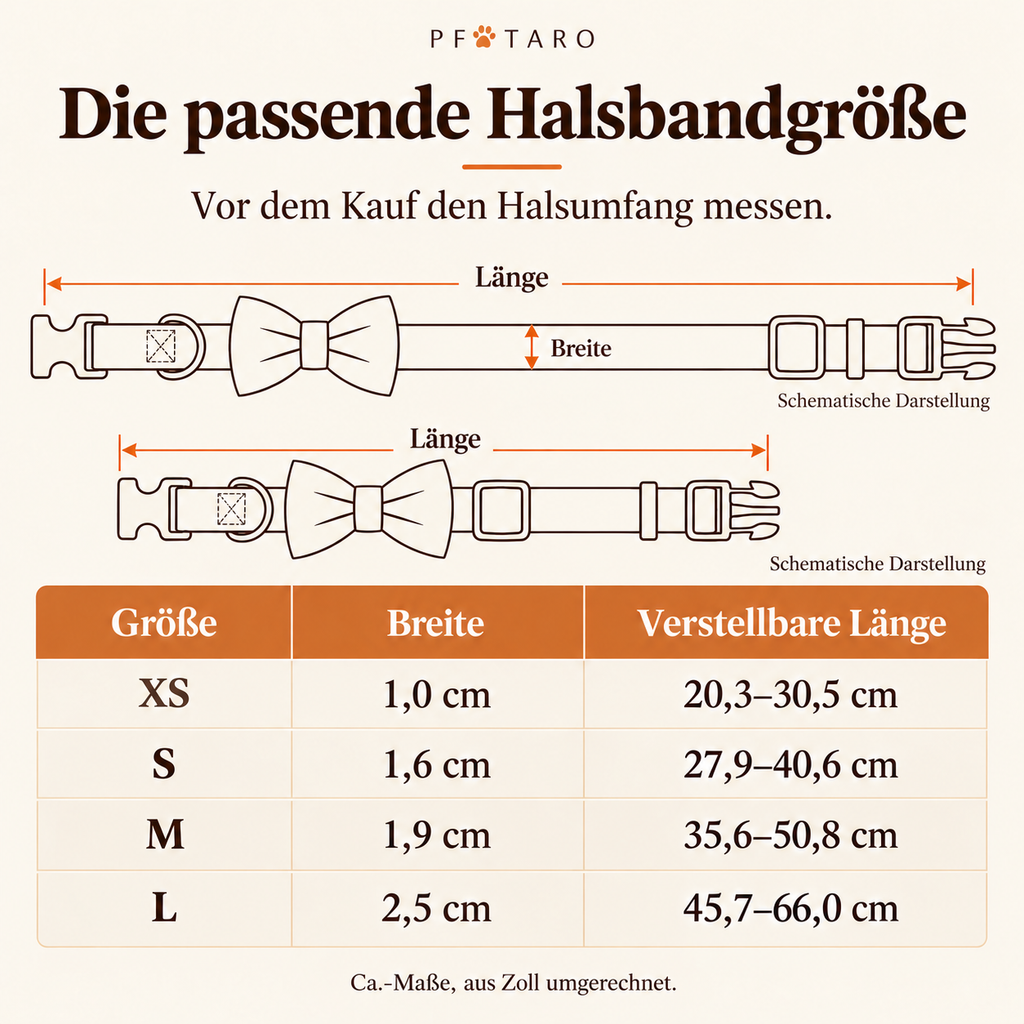 Deutsche Halsband-Größentabelle XS bis L, ungefähre Maße in Zentimetern