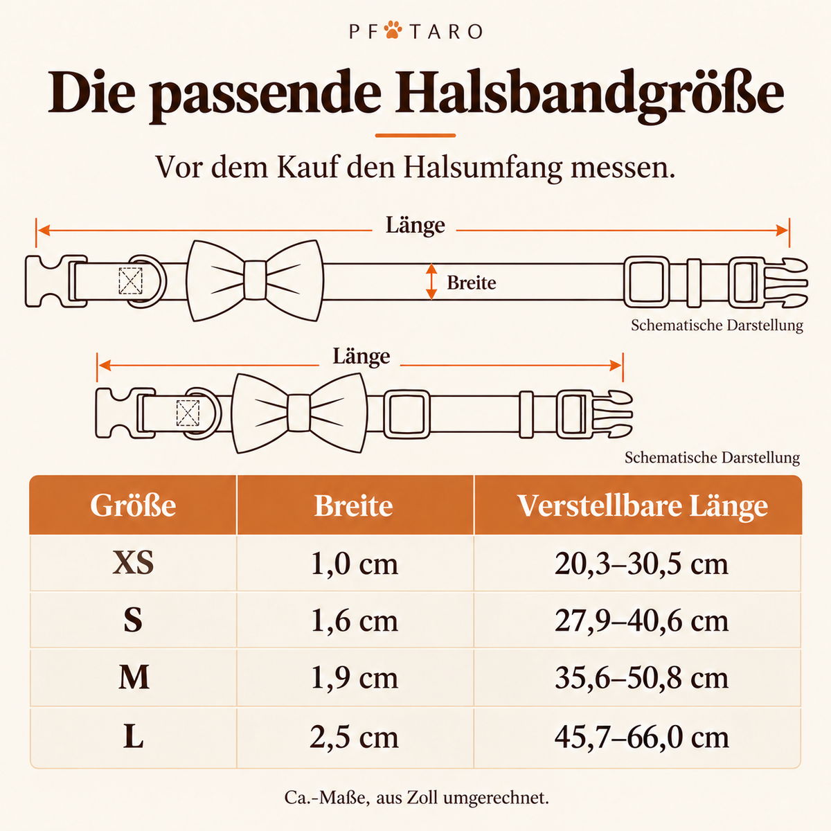 Deutsche Halsband-Größentabelle XS bis L, ungefähre Maße in Zentimetern