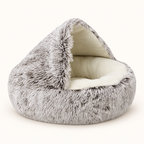 2-in-1-Kuschelbett mit Höhle für Katzen & kleine Hunde auf hellem Creme-Hintergrund