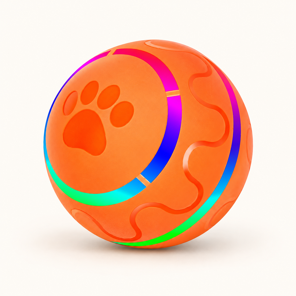 Interaktiver Hundeball mit LED – USB-aufladbar auf hellem Creme-Hintergrund