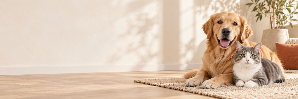 Hund und Katze gemeinsam in einem hellen Zuhause – Pfotaro Haustierzubehör