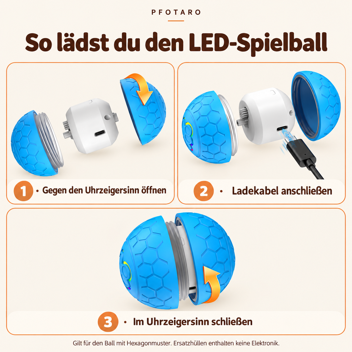 LED-Spielball mit Hexagonmuster: deutsche Ladeanleitung
