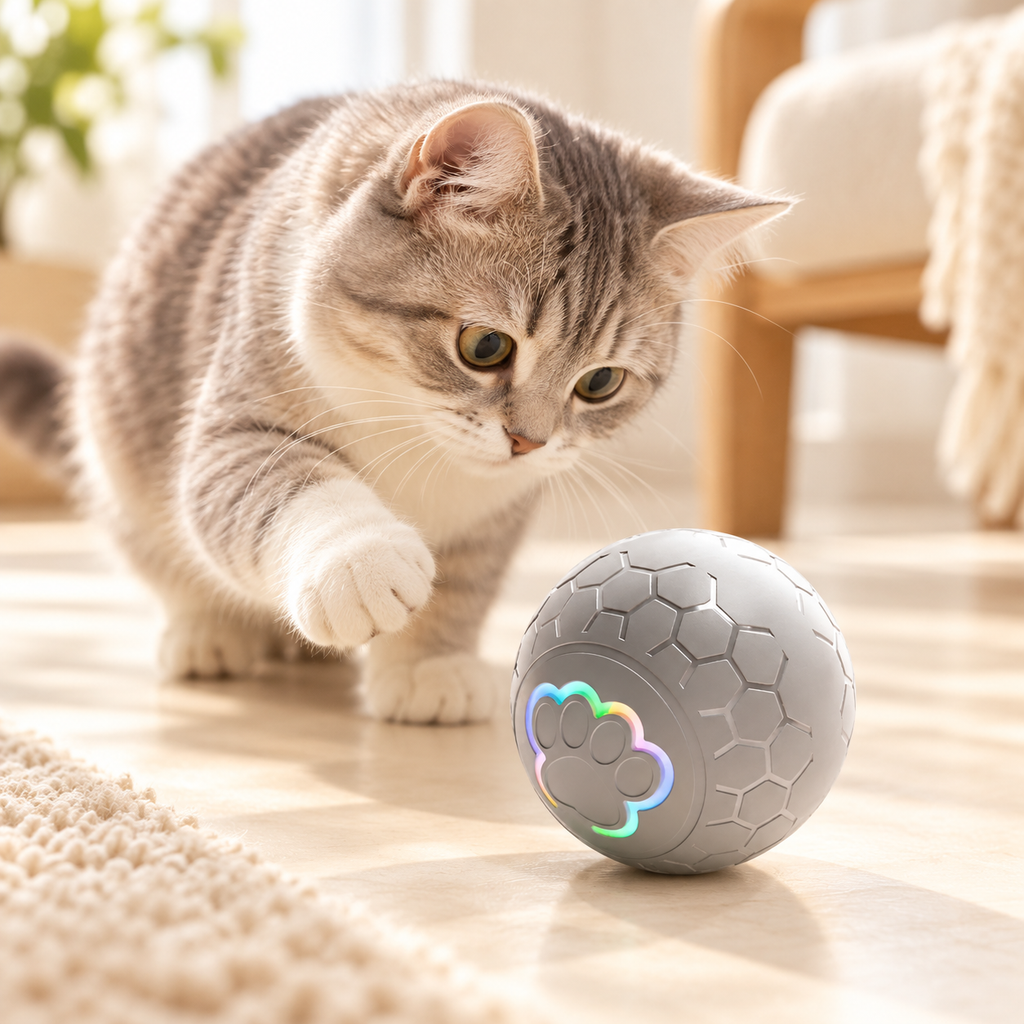 Katze beobachtet grauen Hexagon-Pfotenball