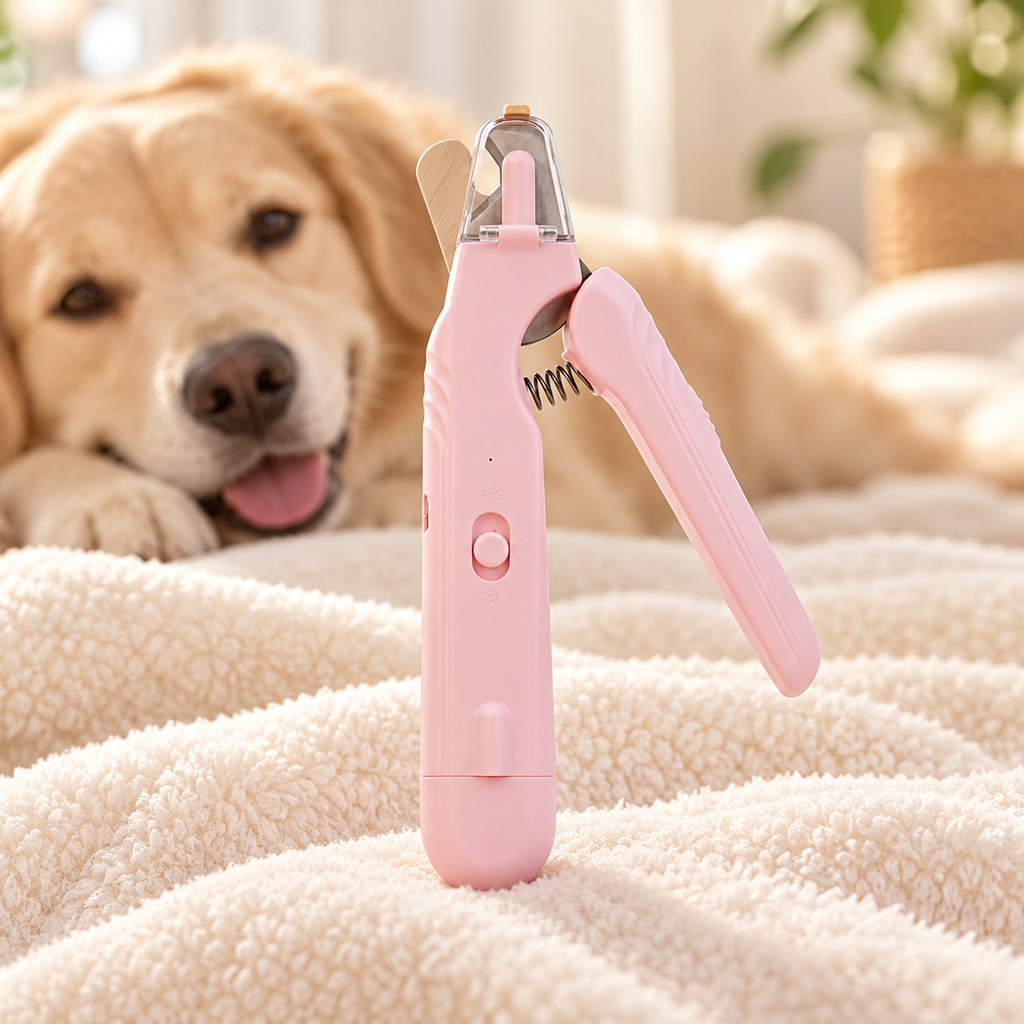 Rosa Krallenschere mit entspanntem Hund