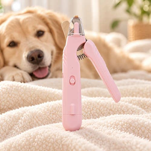 Rosa Krallenschere mit entspanntem Hund