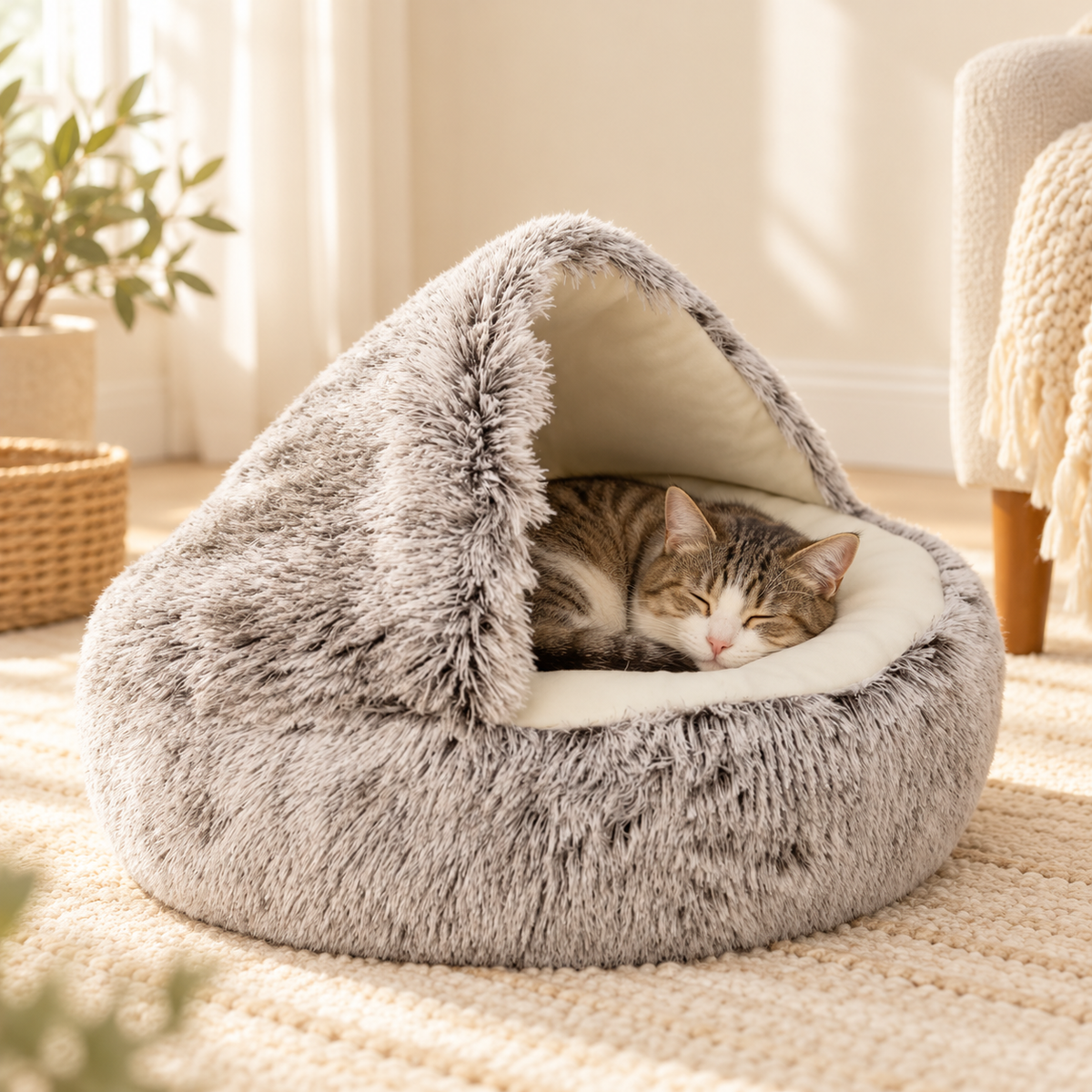 Katze im kuscheligen grautaupe Katzenbett
