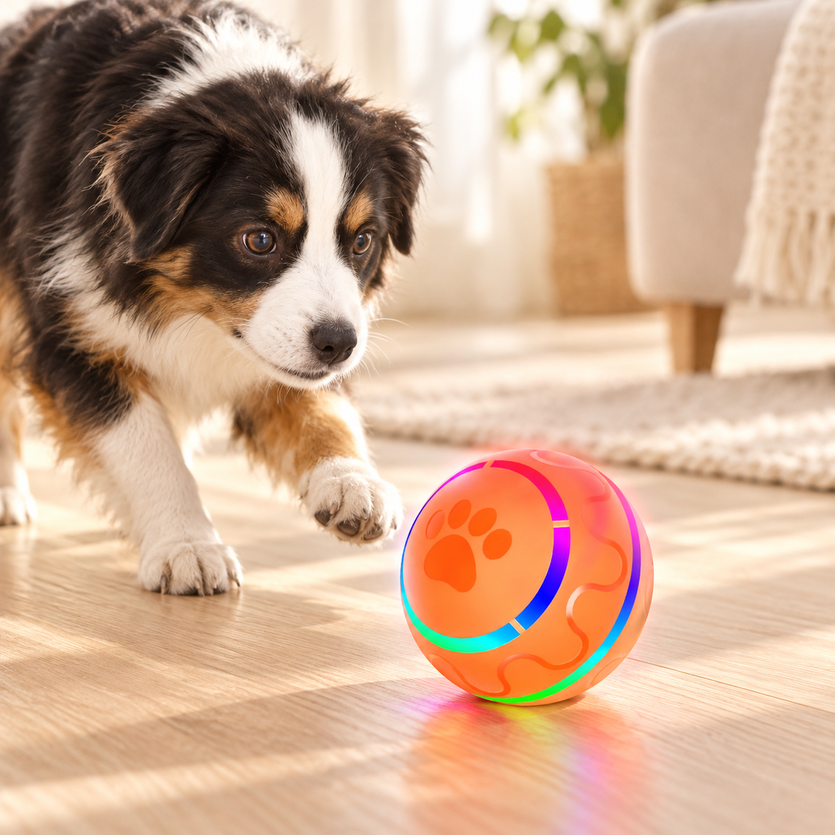 Kleiner Hund beobachtet leuchtenden Pfotenball