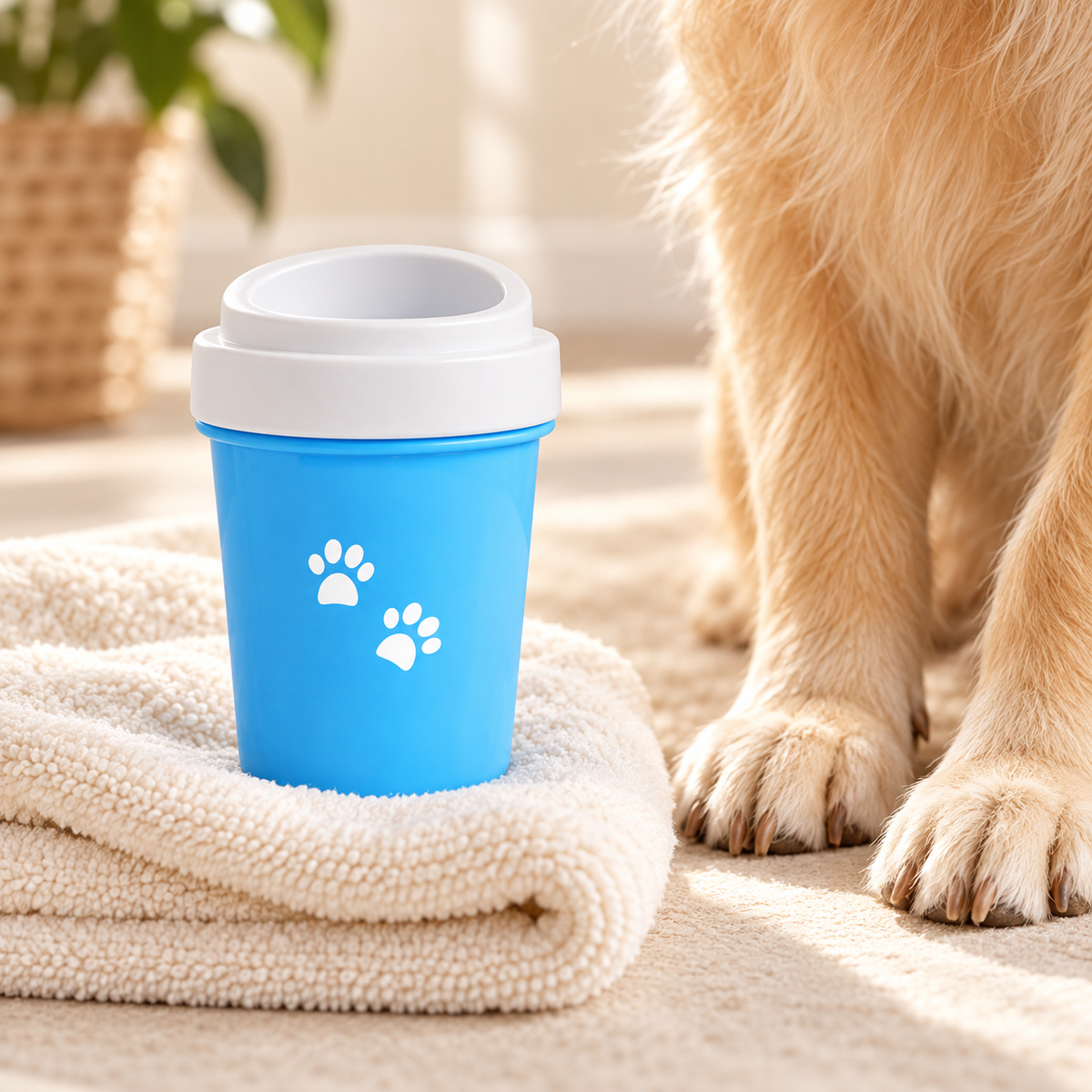 Blauer Pfotenwaschbecher mit weißen Pfotenmotiven neben einem Hund