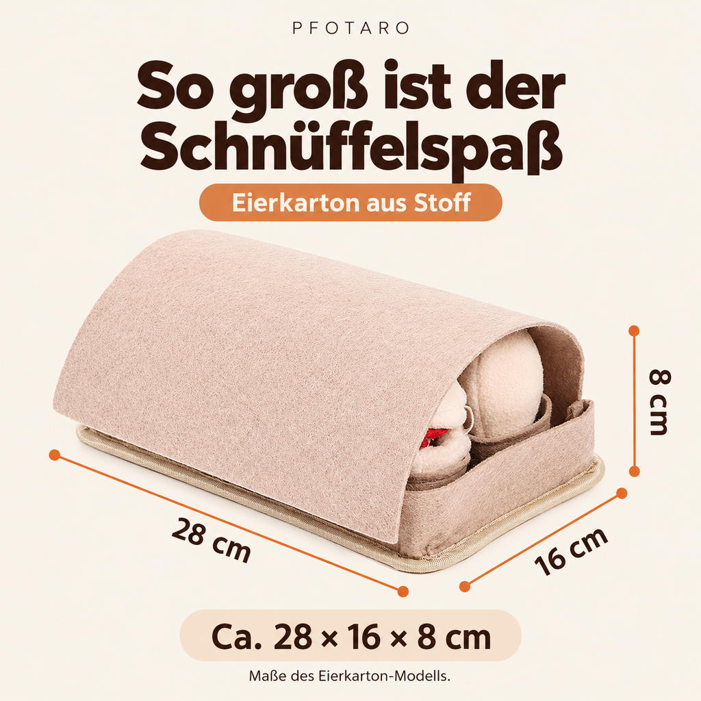 Eierkarton-Schnüffelspielzeug: Maße 28 × 16 × 8 cm