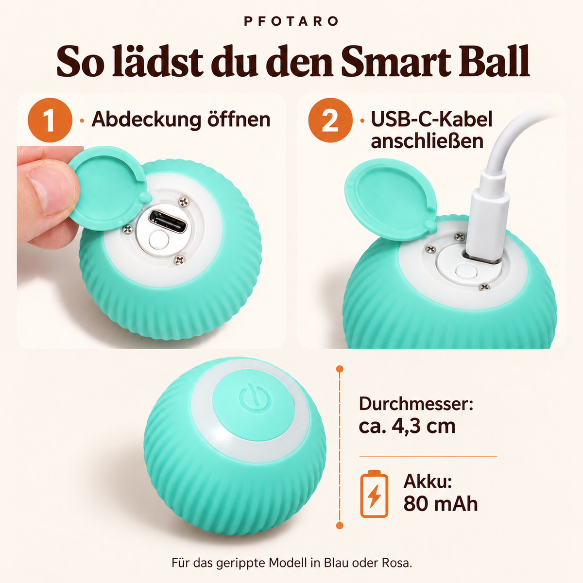 Smart Ball: USB-C-Ladeanleitung, Durchmesser 4,3 cm und Akku 80 mAh
