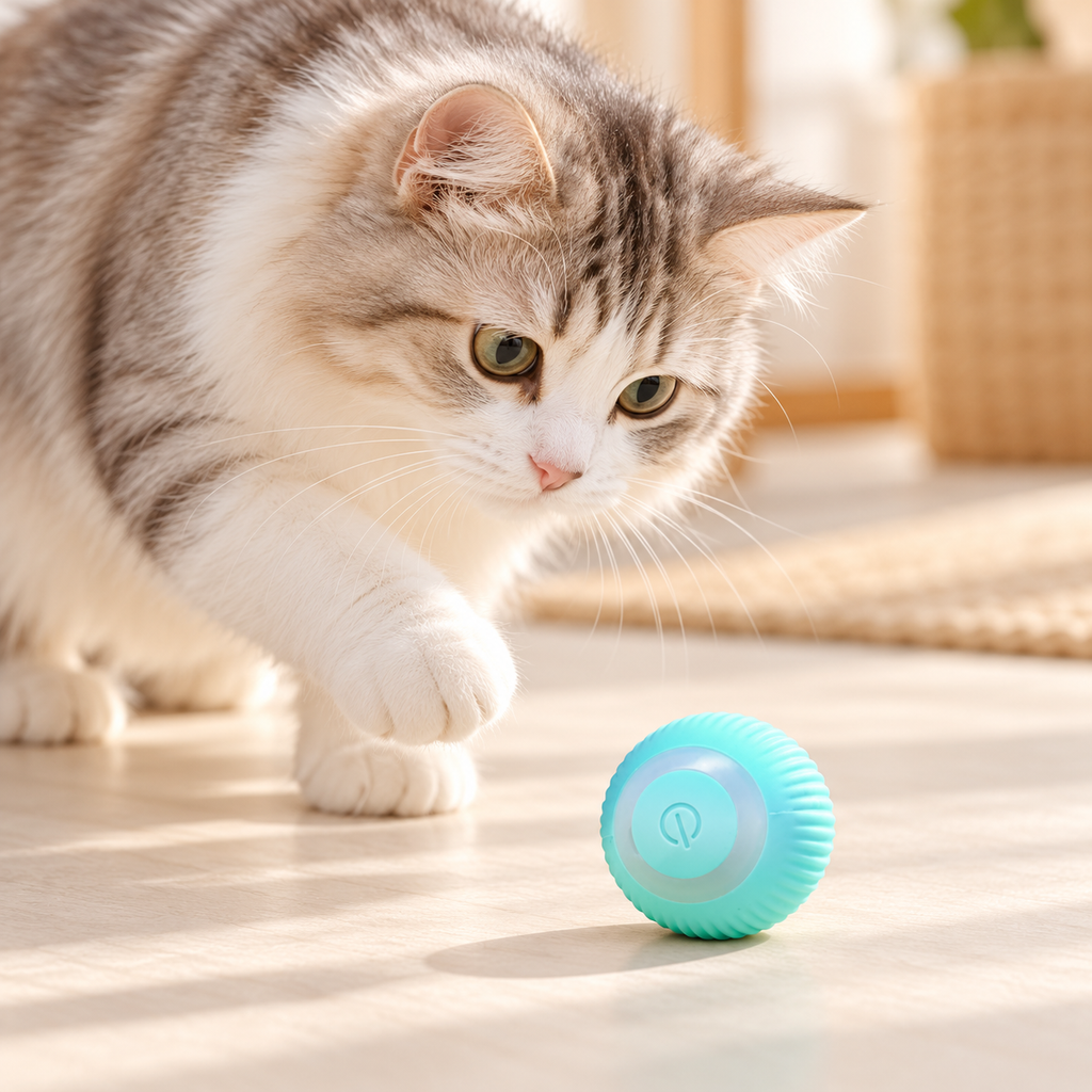 Neugierige Katze beobachtet türkisen Rillenball