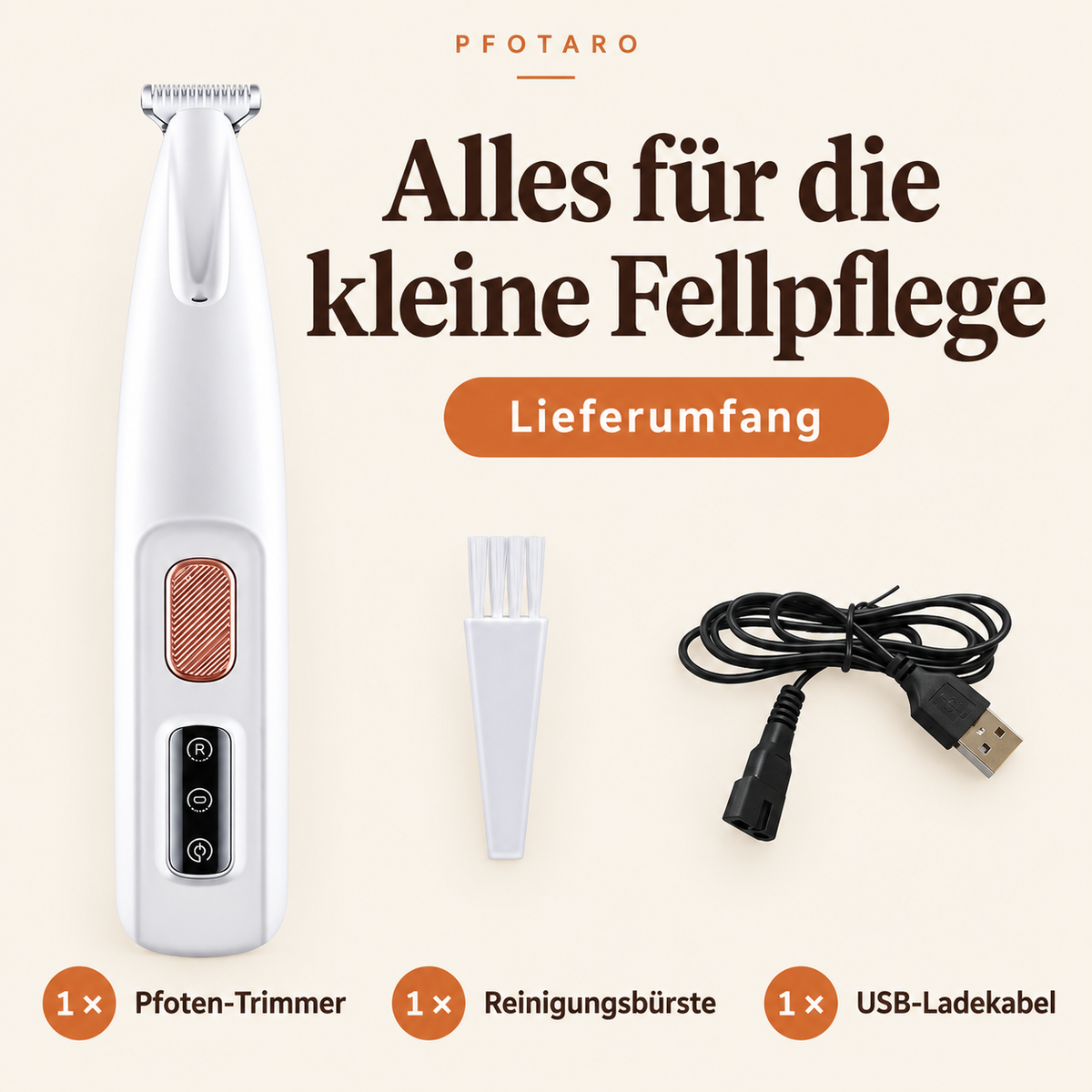 Lieferumfang: Pfoten-Trimmer, Reinigungsbürste und USB-Ladekabel