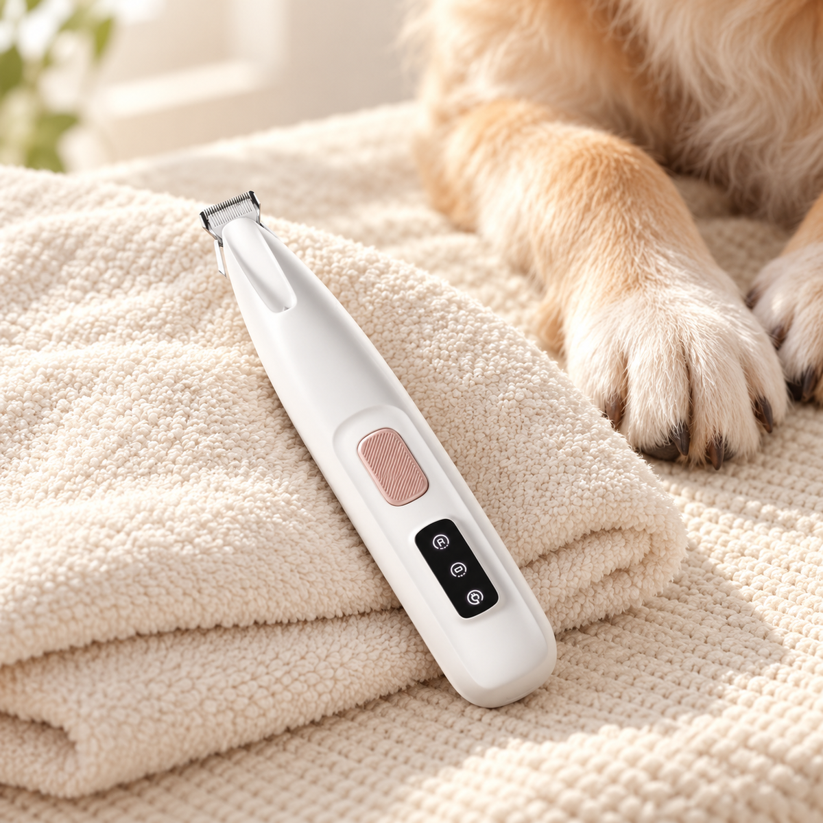 Weißer Trimmer neben entspannten Hundepfoten
