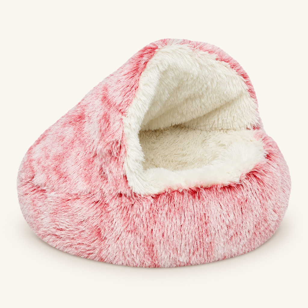 Rosa Kuschelbett mit Höhle in der Langplüsch-Ausführung