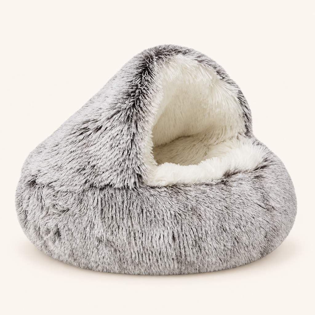 Braunes Kuschelbett mit Höhle in der Langplüsch-Ausführung