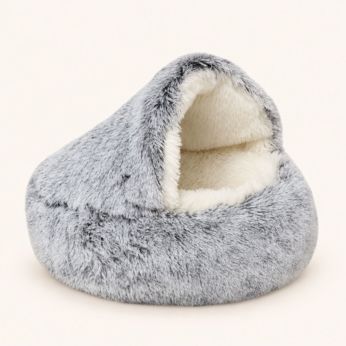 Graues Kuschelbett mit Höhle in der Langplüsch-Ausführung