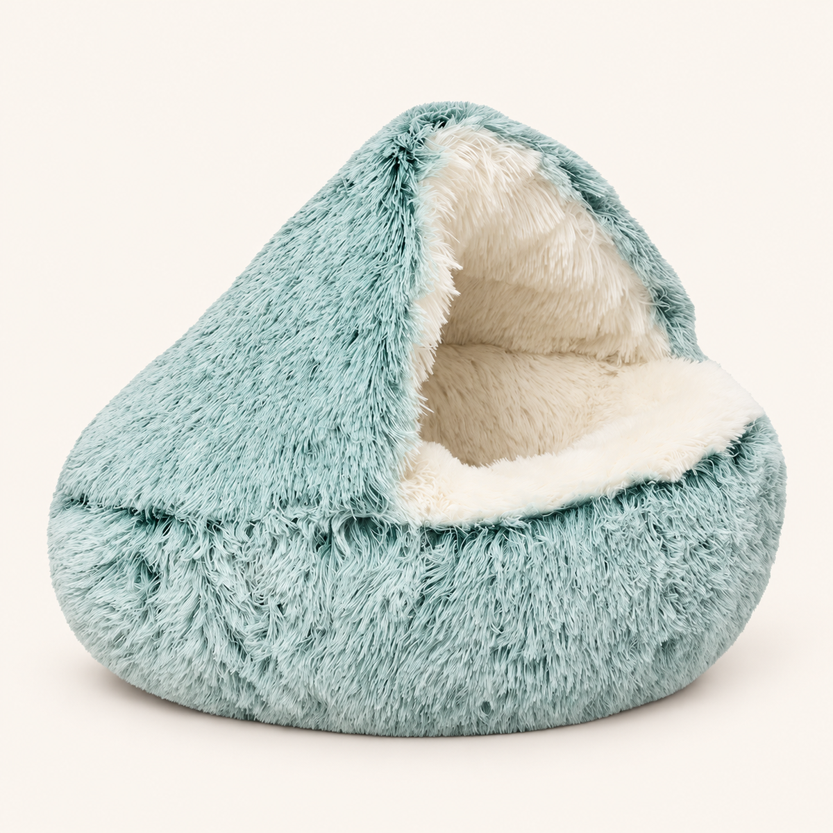Grünes Kuschelbett mit Höhle in der Langplüsch-Ausführung