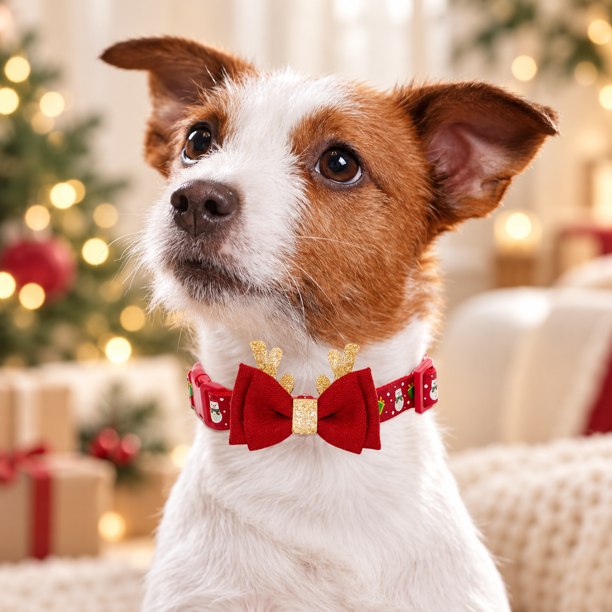 Hund mit rotem Schneemann-Halsband